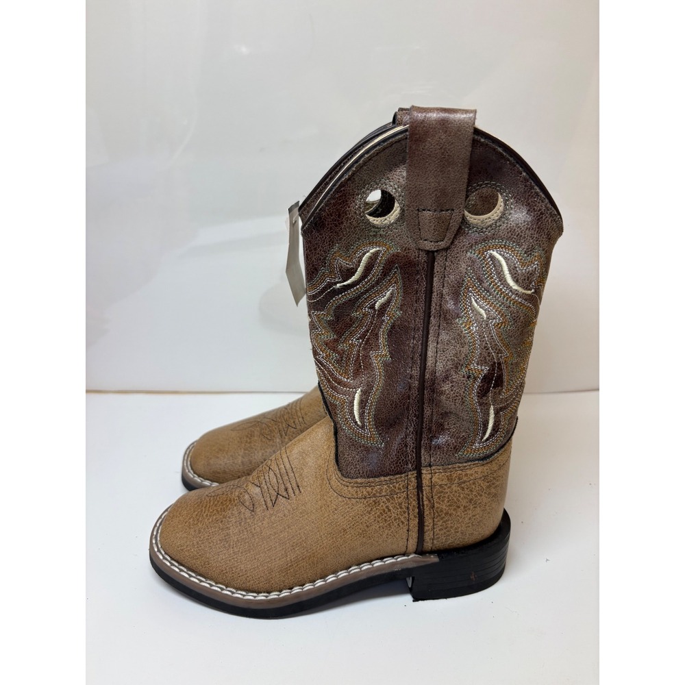 Old West Kids Boys Tan Brown Embroidered Square Toe Cowboy Boots VB9113 10.5 D